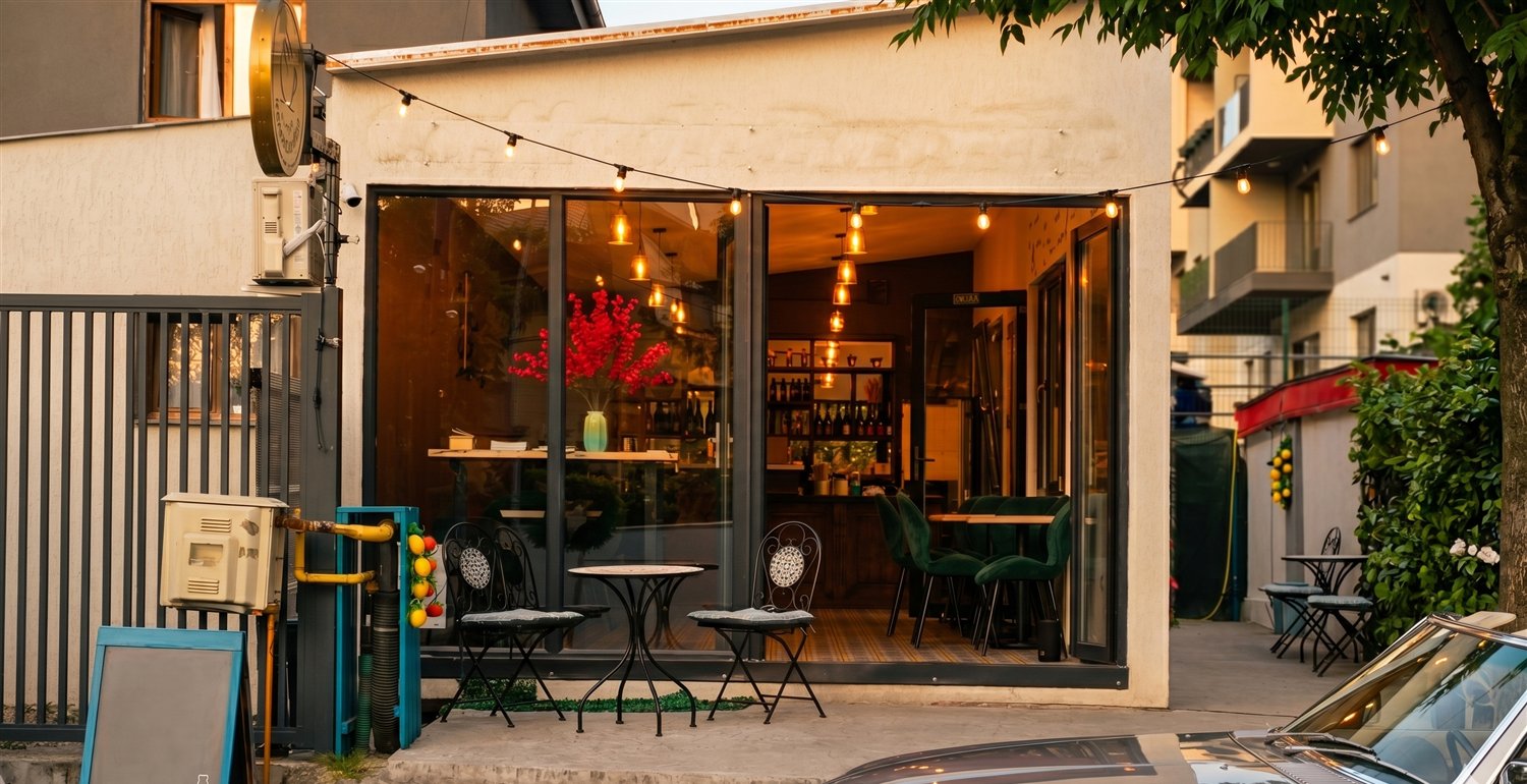 Fațada cafenelei seara — Mundo Caffé