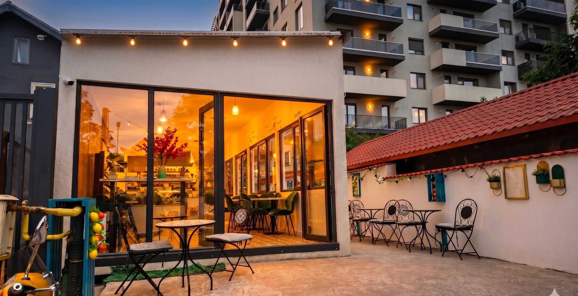 Mundo Caffé — terasa cu lumini calde, seara
